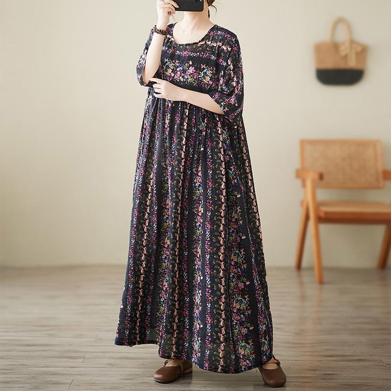 DIMANAF Neu 2025 Sommer Damen Übergröße Kleid Blumendruck Locker Elegant Basic Langes Freizeitkleid Vintage