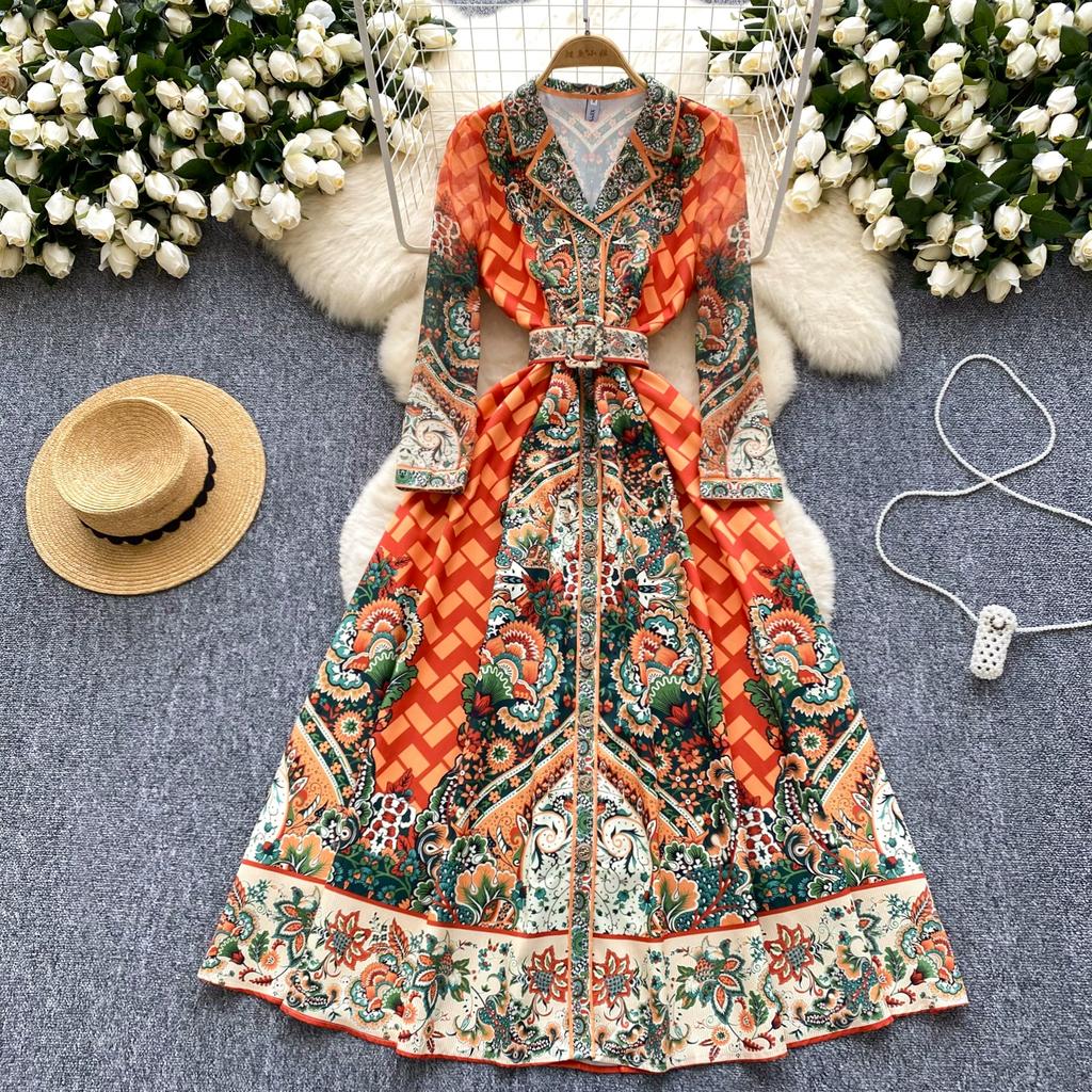 Spring Autumn Women Elegant Notched Collar Designer Print Single Breasted Long Maxi Holiday Party Blazer Dresses