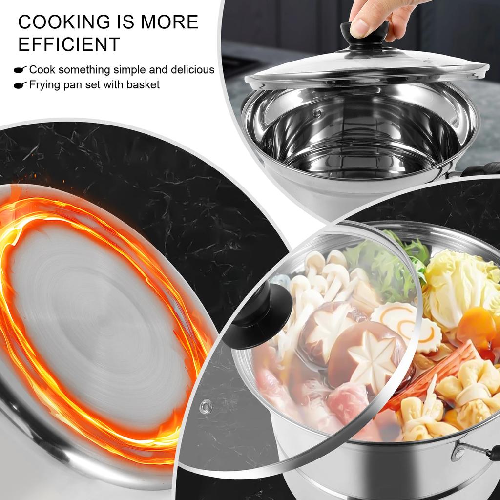 Stainless Steel Deep Fryer Pot with Visible Lid Multifunctional Steamer Pot with Deep Fry Basket Durable Pasta Pot Cooking Tools