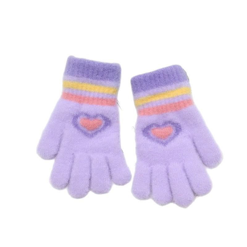 Girls' Winter Cherry Heart Gloves - Cute, Warm, Cold-Proof Five-Finger Gloves for Kids.