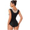 Womens Gymnastics Figure Skating Bodysuit Round Neck Sleeveless Shiny Rhinestone Mesh Patchwork Leotard Dance Jumpsuit