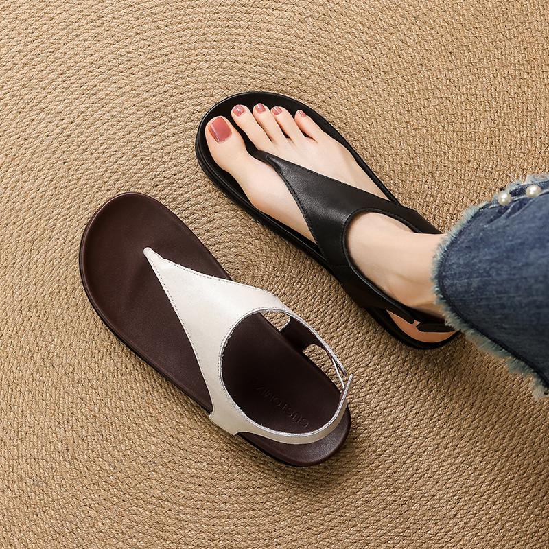 Fashion 2025 Summer Women Sandals Split Leather Women Slippers Open Toe Flat with Women Shoes Slingback Flip Flops Modern Beach Slippers