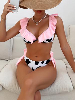 Sexy bikini rosa con stampa mucca bikini donna volant push up cravatta laterale perizoma costume da bagno 2024 costume da bagno imbottito estivo cut-out micro costumi da bagno