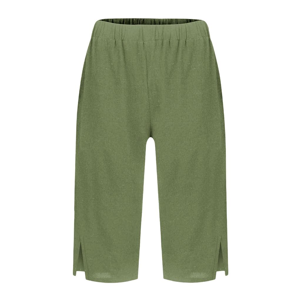Women's Fashion Solid Color Loose Pocket Elastic Waist Cotton Linen Casual Five Pants