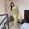 Spice Girl Pure Desire Mesh Splicing Suspender Dress New Waist Thin Pleated Temperament Fishtail Long Dress Female Summer