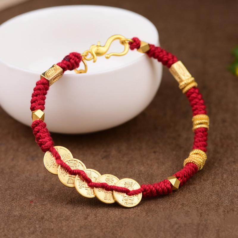 Hand Woven Five Coins Lucky Red Bracelet Blessing Hand Rope Female National Beige Rope Lover Girlfriend Bracelet
