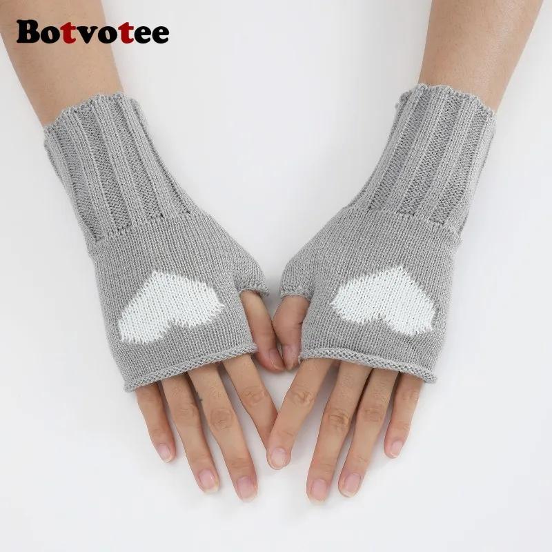 Botvotee Black Fingerless Gloves Women Winter Arm Warmers Y2k Accessories Knit Fashion Love Cute Short Hands Free Gloves Red
