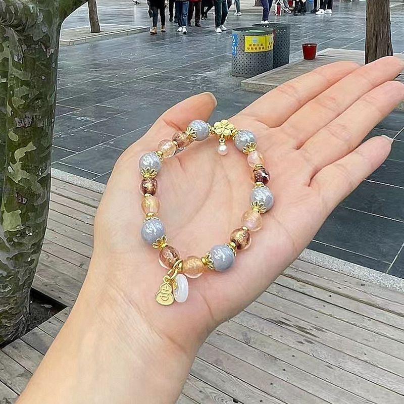 Porcelain Glazed Macaron Gray Bracelet with Pink, Purple, Gold Foil Beads  Five-Petal Flower Charm Standard