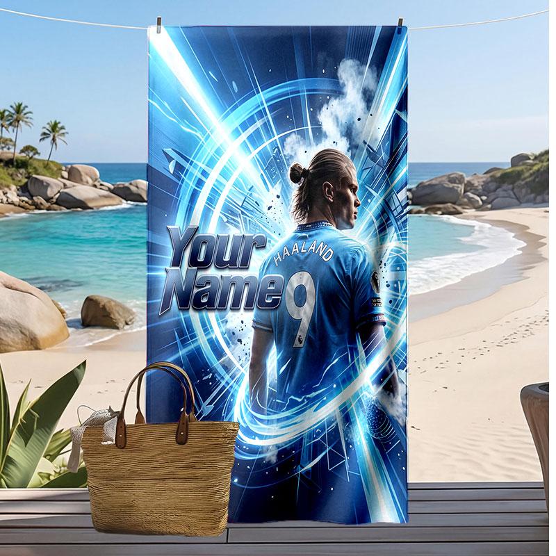 Erling Haaland Personalized Printed Beach Towel Soccer Logo Support Custom Name Text Absorbent Towel For Sport Travel Special Gift