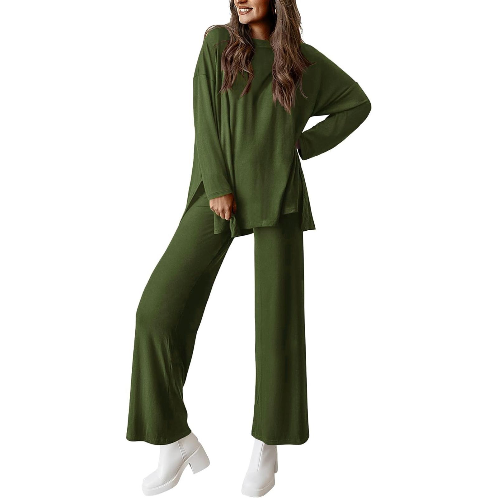 Женский модный двухпредметный комплект: свободная футболка с круглым вырезом и длинным рукавом, разделенная по цвету, и длинные брюки L армия зеленый