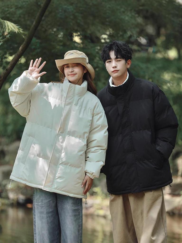 Men's Winter Solid Color Cross-Collar Cotton Jacket - Thick, Warm, Loose-Fit Outerwear for Couples