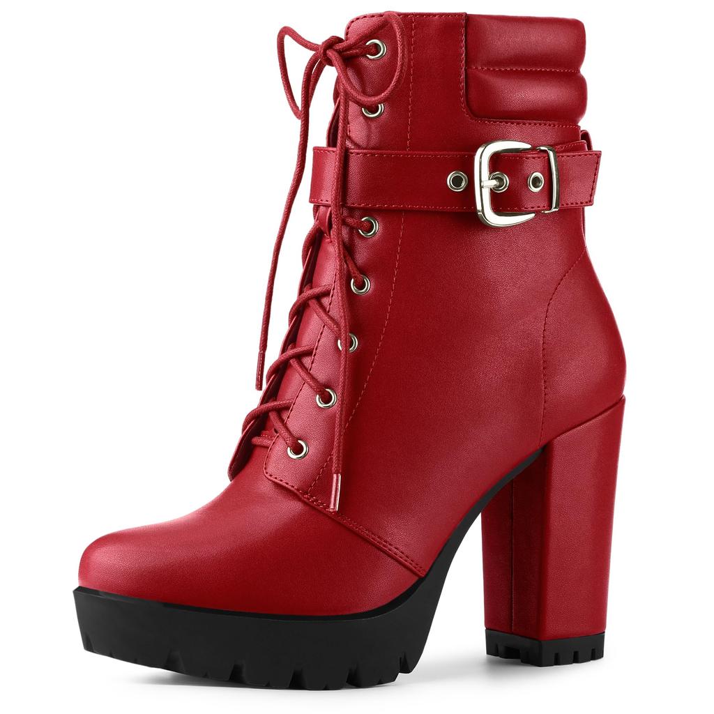 Allegra K Buckle Lace-Up Ankle Boots with Platform Block Heel, Women's, Red, Size 26.0cm