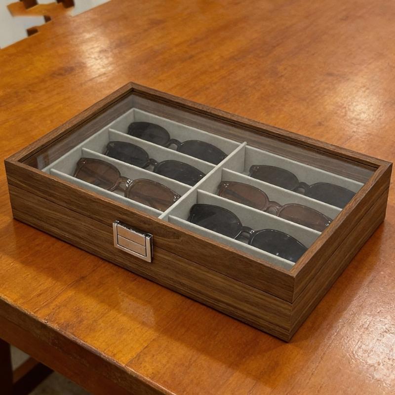 Elegant Wood Sunglasses Organizers With 8 Compartments Clear Cover And Soft Felt Interior For Protective