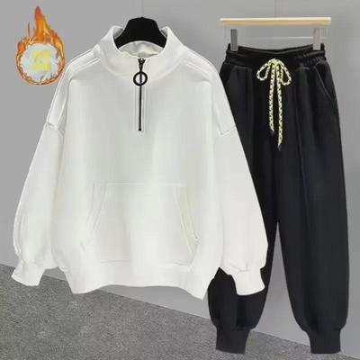 Men's Trendy Zipper Half-Turtleneck Sweatshirt and Velvet Suit - Autumn/Winter Korean Style, Versatile, Handsome, Loose-Fit Set