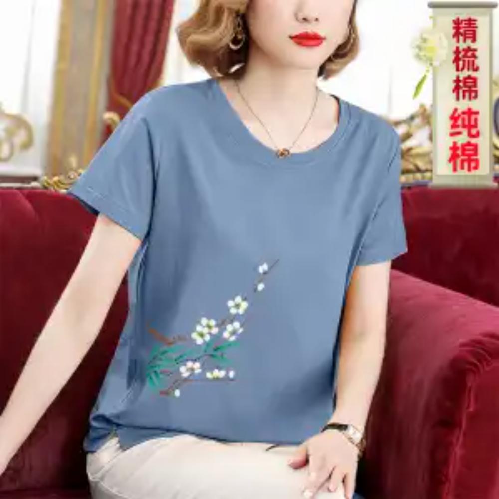 Pure Cotton T-shirt Short-sleeved Women's Round Neck Summer Wear Middle-aged Top Belly-covering T-shirt