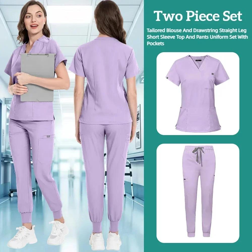 Zdravotnický uniformní oblek Krátký rukáv V-výstřih Topy+jogger kalhoty Set Ošetřovatelská uniforma Dámská Vícebarevná Pet Doctor Scrub Lékařské pracovní oblečení