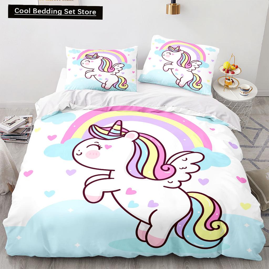 Cartoon Rainbow Unicorn Bedding Sets 135x200 Duvet Cover Set Pillowcases Queen Single Double Twin Size Bed Linen for Kids Girls