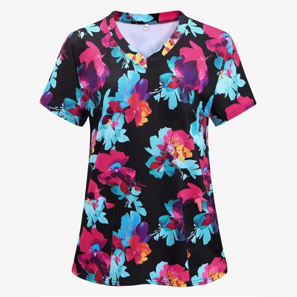 Scrubs Medical Uniforms Woman Fashion Floral Print Dental Nurse Tops V-Neck Short Sleeve Patch Pocket Tees Nurse Uniform Woman