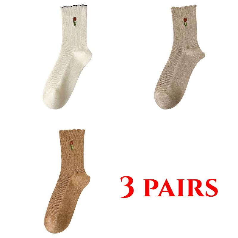 3 Pairs of Women's Socks Set Spring and Summer Thin Breathable Ruffle Edge Socks All Cotton Cute Women's White Printed Socks