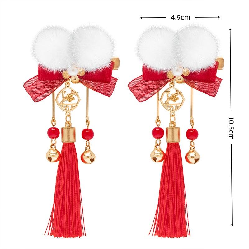 

1Pair Hanfu Hair Accessories New Year Pom Pom Hair Clips Red Tassel Ancient Style Headwear Holiday Hairpin For Featival Gifts