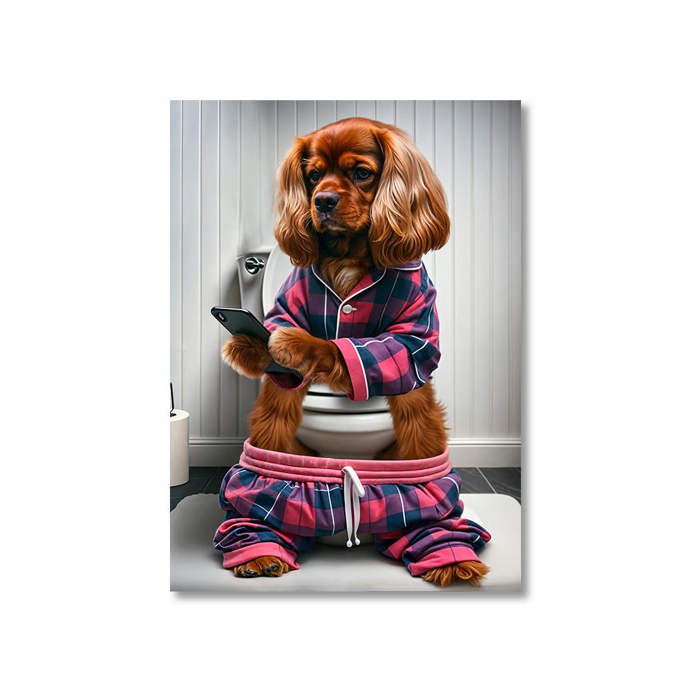 1PC Unframed Funny Pet Dog in Toilet Reading Newspaper Play Canvas Painting Animal Pictures Wall Art for Home Bathroom Decor