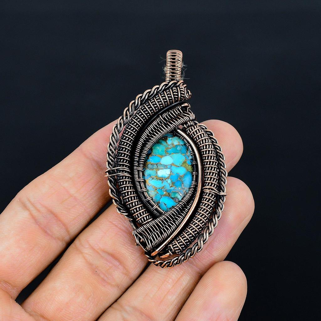 Blue Copper Turquoise Handmade Gemstone Pendant, 999 Copper Wire Wrapped Pendant Antique Jewelry, For Engagement Gift