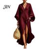 Breathable Casual Dress Women's Cotton Linen Maxi Dress, V Neck Batwing Sleeve Comfortable Daily Wear High Split Loose Beach Sundress with Pockets