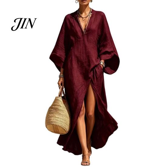 Breathable Casual Dress Women's Cotton Linen Maxi Dress, V Neck Batwing Sleeve Comfortable Daily Wear High Split Loose Beach Sundress with Pockets