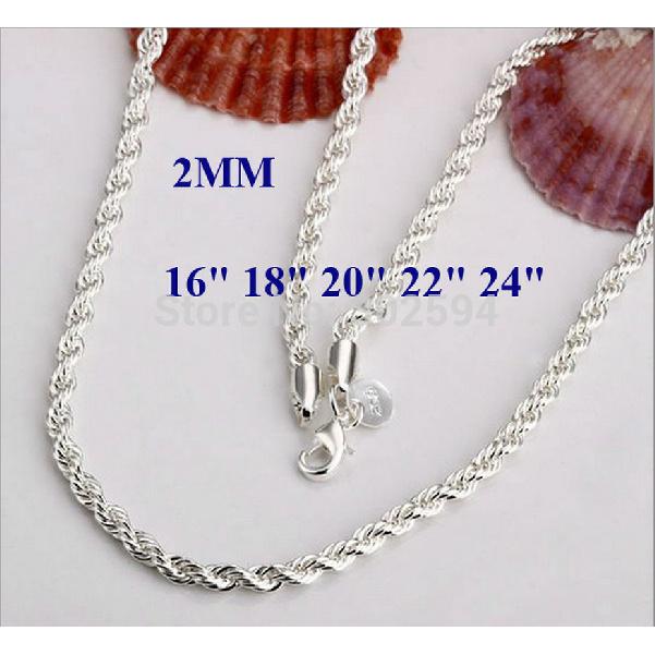 16-24INCHES 925 Sterling silver 2MM Rope Necklace Beautiful fashion Elegant for women men chain cute Can for pendant