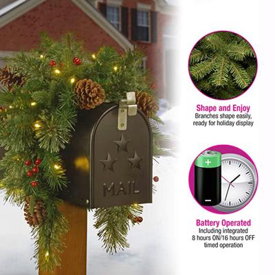 36" Lighted Mailbox Swag with Timer Function Artificial Pine Cone Red Berries Mailbox Garland Simulated Pine Needles Christmas Swag for Front