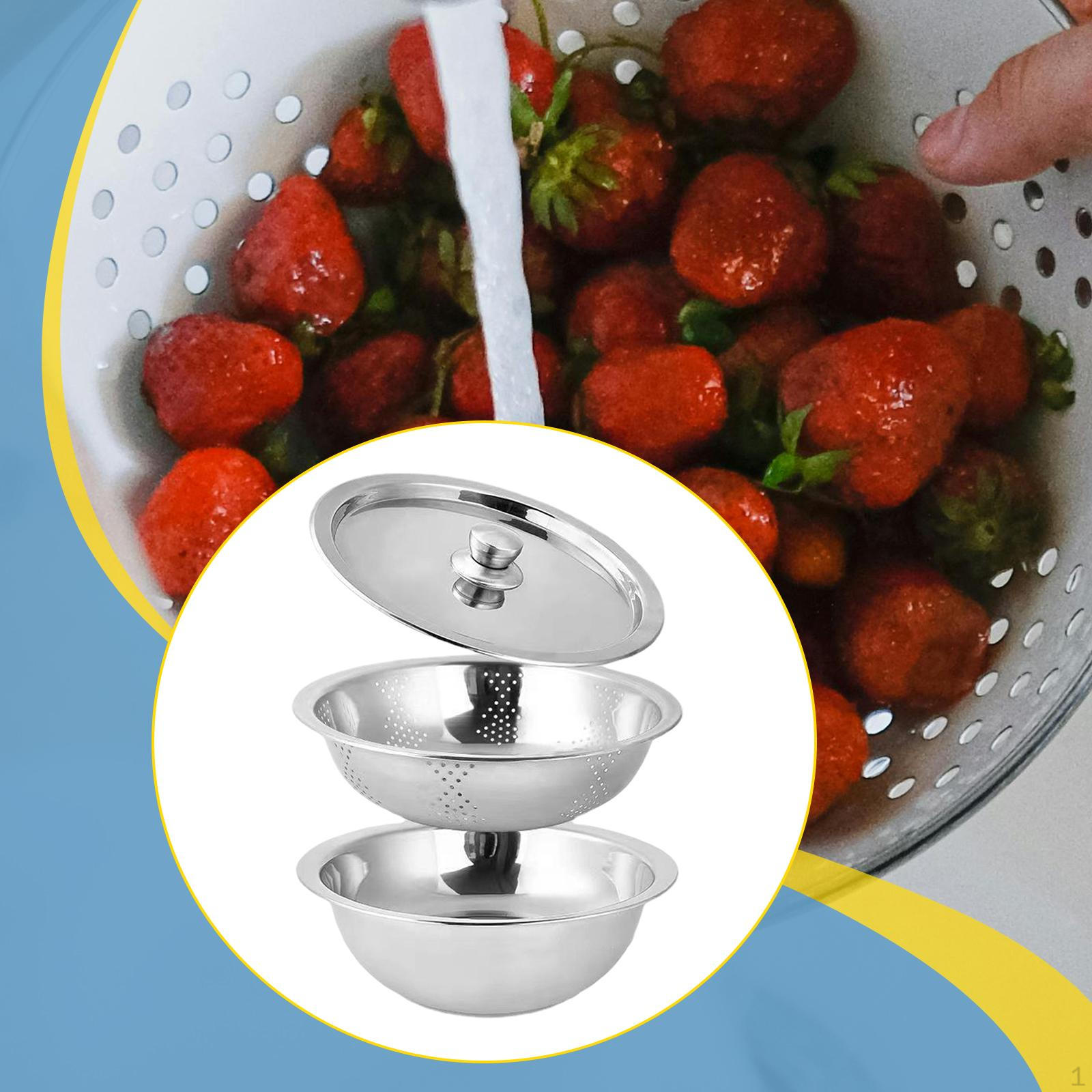 

3 Pieces Kitchen Colander Stainless Steel Mixing Bowl Food Strainer Drainer Basket Removable Lid 20cm