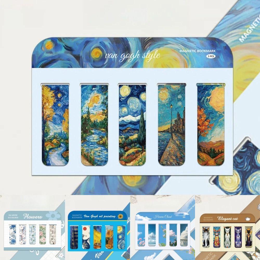 5pcs Set Oil Painting Style Book Page Marker Magnetic Note Page Holder for Students