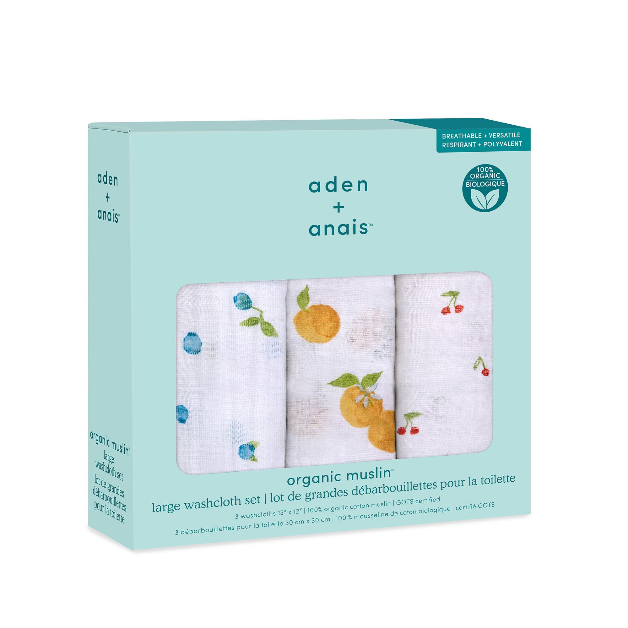 aden + anais (Aden and Anais) Japan Official Product Organic Cotton Washcloths, 3-Pack, Sage Woodland Fresh Fruit, Baby Gift, Bathing, Bib Wiping, 30c