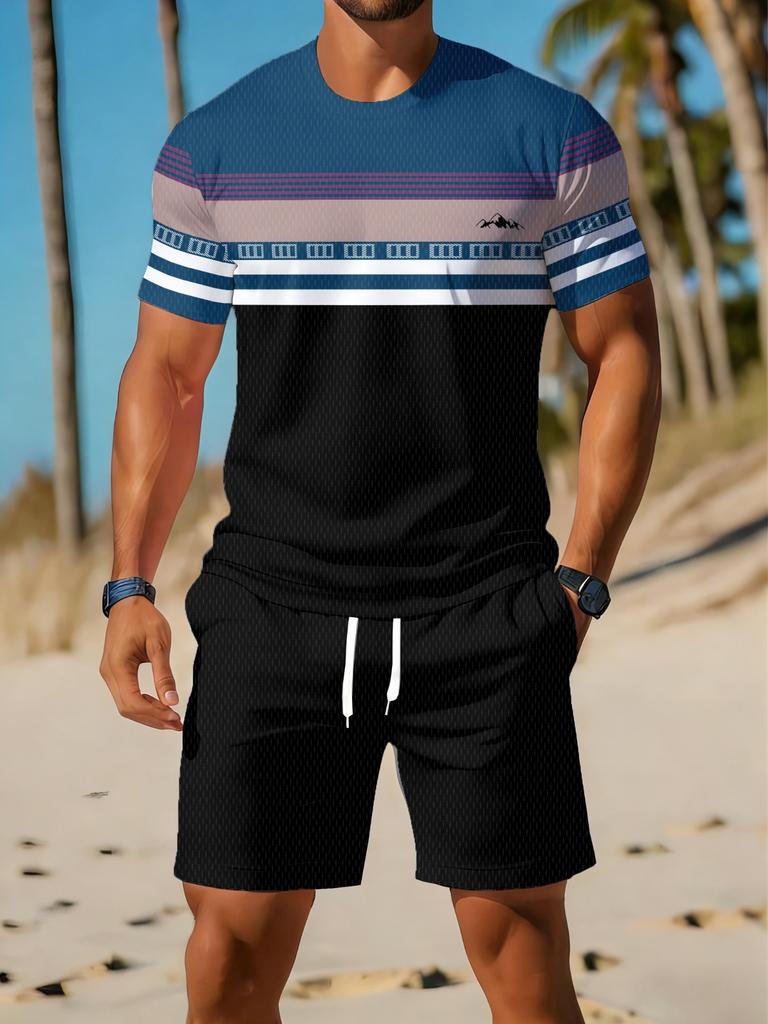 Sommer Neu Herren Kurzarm Shorts Set - Street Casual Mode Bequem Weich Atmungsaktiv 3D Streifen Muster Druck