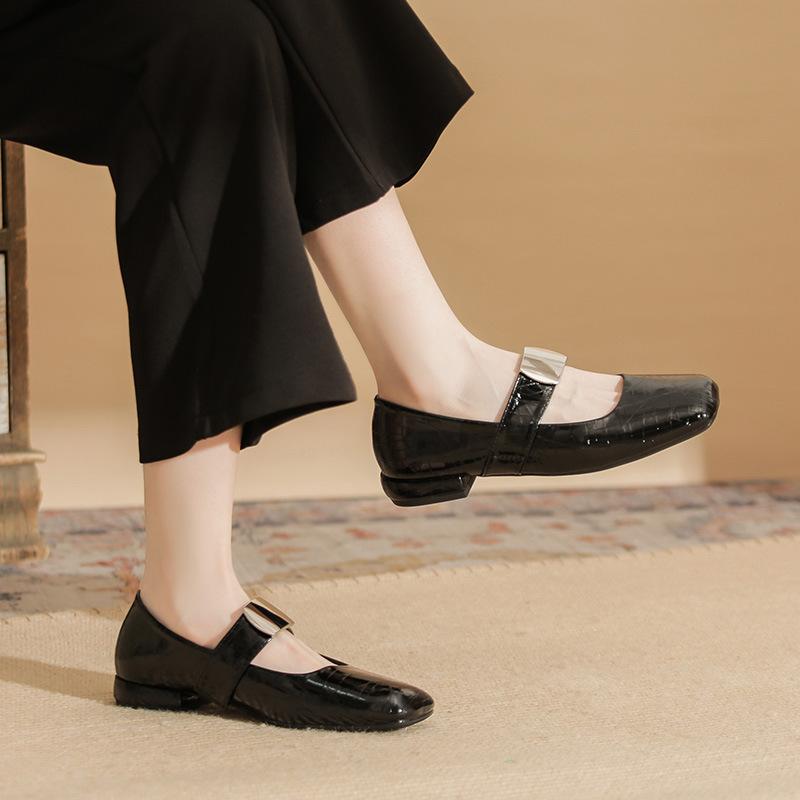 2301 Flat Shoes Women's Thick Heel New Square Head Silver Word with Mary Jane Shoes French Low Heel Light Mouth Single Shoes