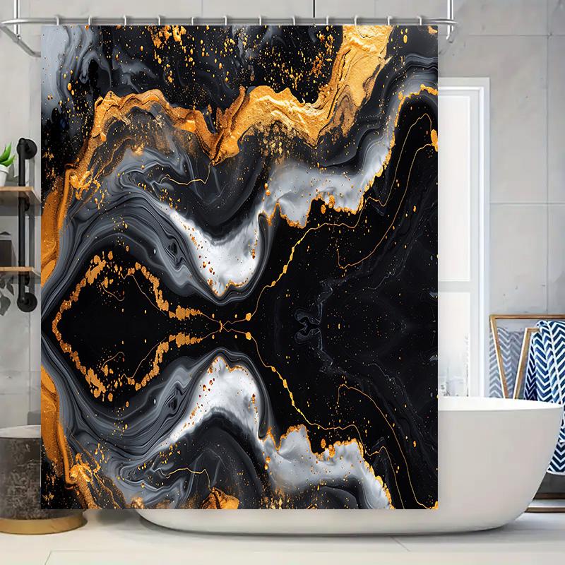 Luxury Marble Print Shower Curtain Set Black Gold Geometric Pattern Bathroom Decor with Rod Pocket for Home Bathing Room (69 x 7