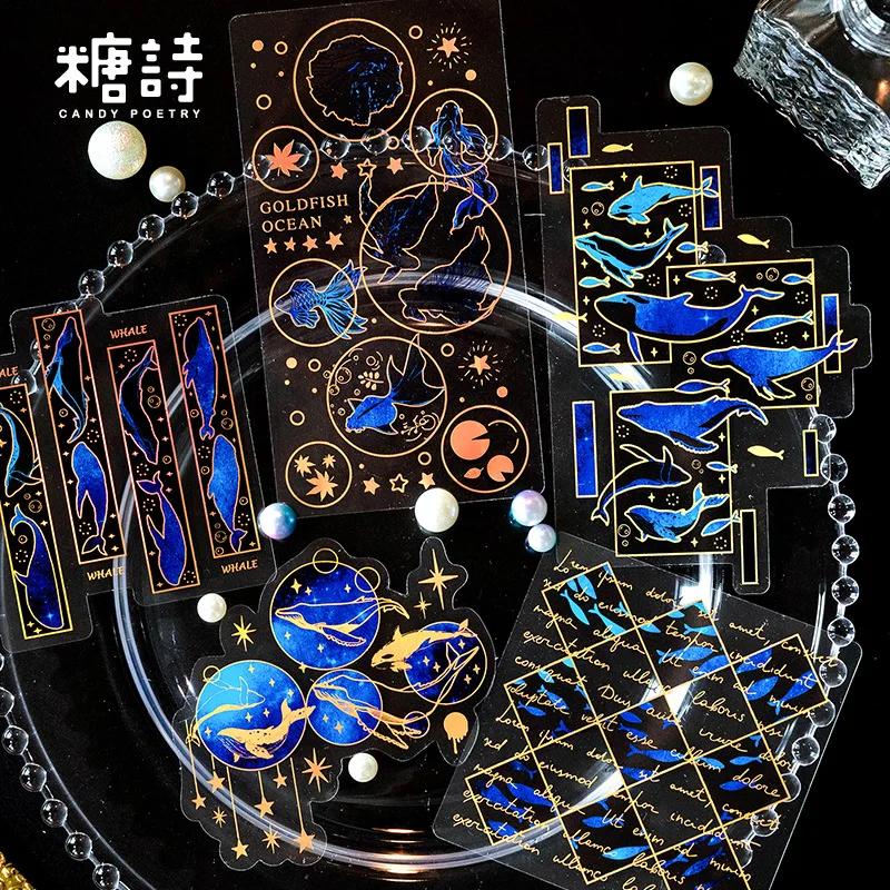 10Pcspack Transparent Stickers Shining Space-Time Gilding Whale Jellyfish Goldfish Birds Scrapbook Journal Diy Deco Material