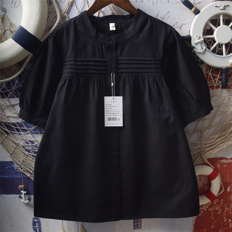 

Soft Girl Japanese Style Organ Pleated Loose Long Sleeve Shirt New black short sleeve L