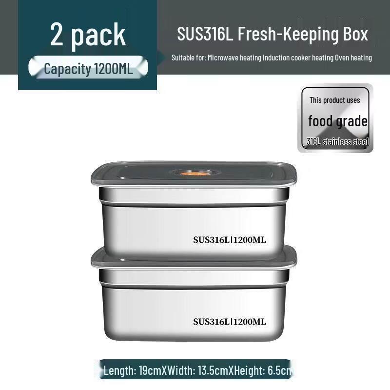 KitchenEight 1200ml Stainless Steel Food Storage Containers, 2-Pack