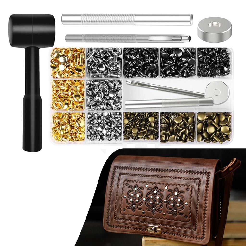 480 Sets Leather Rivets Double Caps Rivet Tubular Metal Studs with 3 Setting Tools Hammer for Leather Craft Repair
