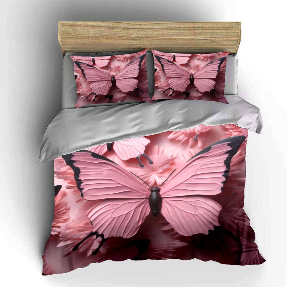 3D Papierschnitt Rosa Schmetterling Bettwäsche SetFloral Geprägter Textur Druck Bettbezug 2 Kissenbezüge Einzel Doppel King QueenGeschenk