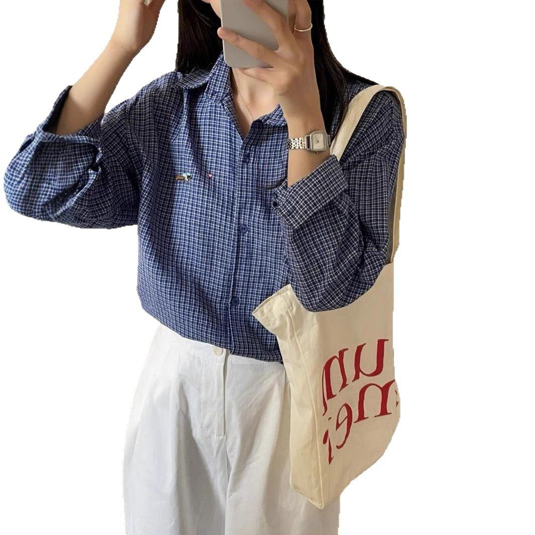 

Embroidered Blue Plaid Shirt Women s Long-sleeved Spring and Autumn Loose Casual Top M