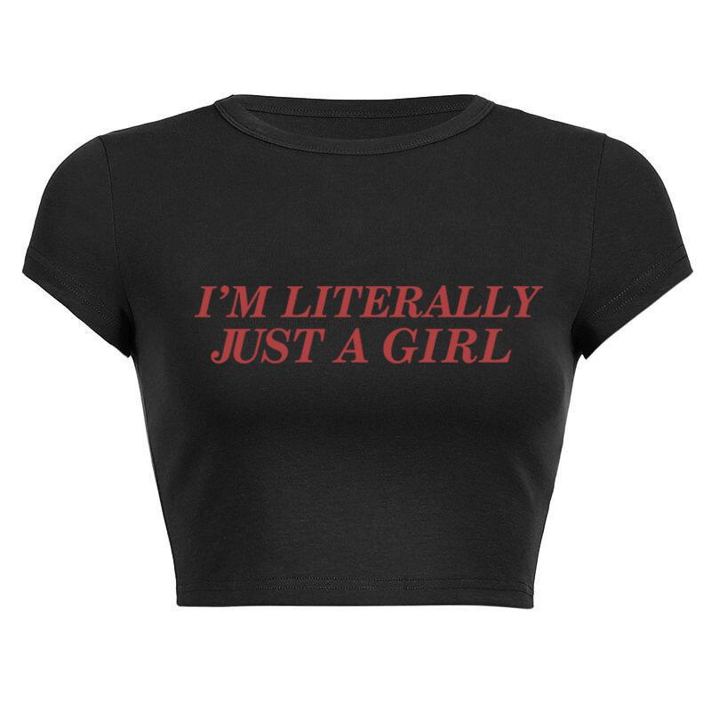 New European and American Spice Girls alphabet-printed navel top summer round neck pullover slim shoulder sleeves short T-shirt