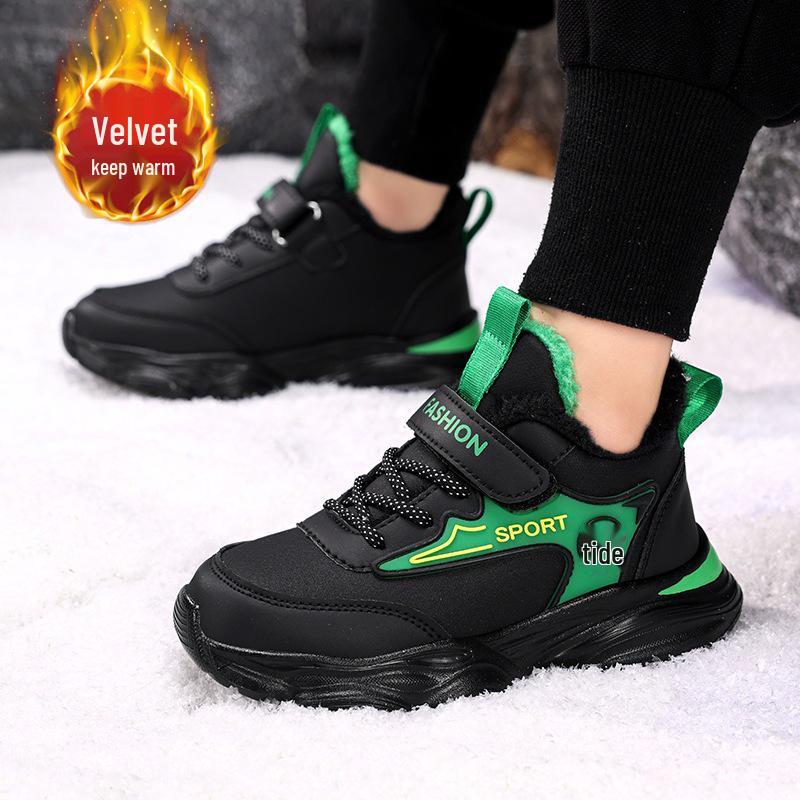 Boys' Winter 2025 Leather Sneakers: Fleece-Lined, Warm, and Thickened for Big Kids