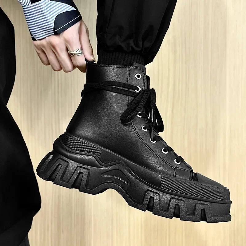 Fashion British Style Fashionable Motorcycle Boots High Top Lace Up Leather Boots 2024 Autumn/winter New Unisex Boots Men Ankle Botas
