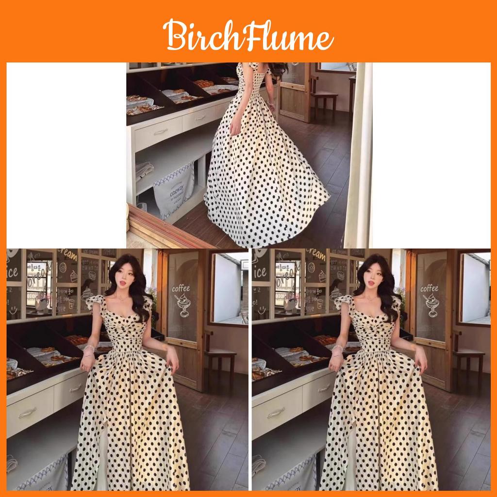 Polyester French Polka Dot Dress For Summer Beach Vacation With Short Princess Sleeves And Slim Fit