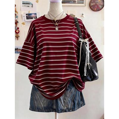 New Y2K Striped Digital Print Casual Oversized Mid-Length Round Neck Drop Shoulder Women Tshirt Street Fashion Casual Sports Top