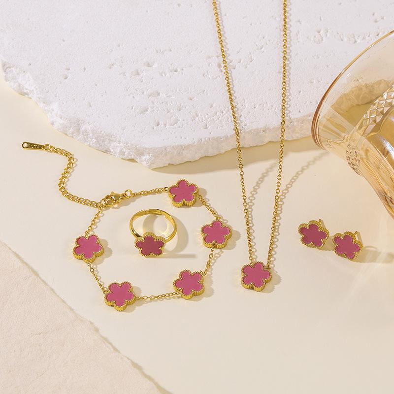 European High-End Titanium Steel Lucky Five-Leaf Flower Mother-of-Pearl Jewelry Set