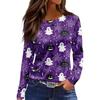 Women's Long Sleeve Halloween Print Top Round Neck Casual Pullover Shirt with Split Hem Lightweight Fabric for Seasonal Wear