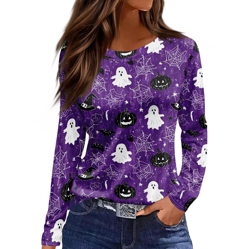Women's Long Sleeve Halloween Print Top Round Neck Casual Pullover Shirt with Split Hem Lightweight Fabric for Seasonal Wear